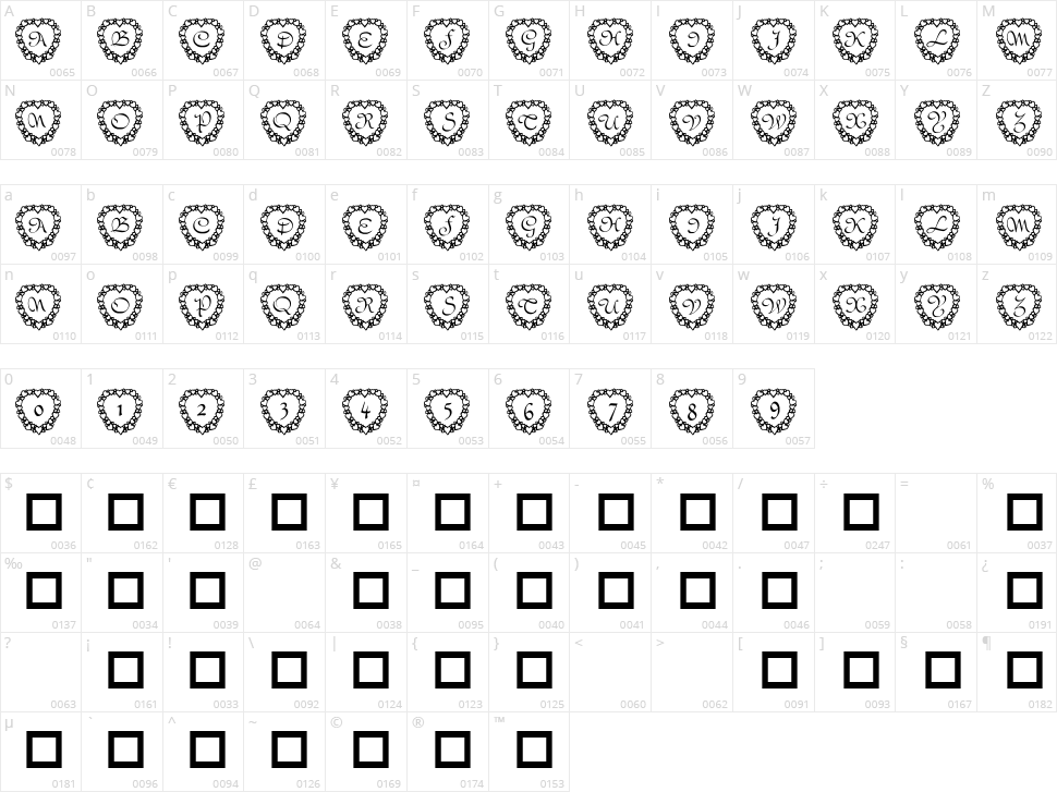 101! Heart Framed Character Map