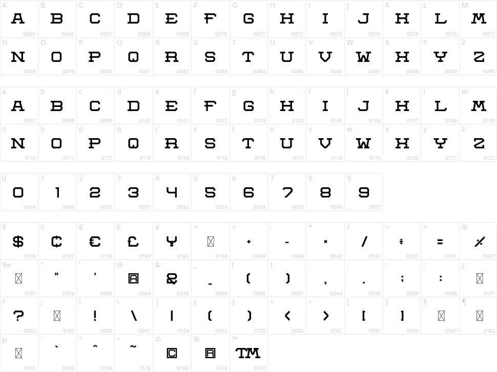Aerotow Slab Character Map