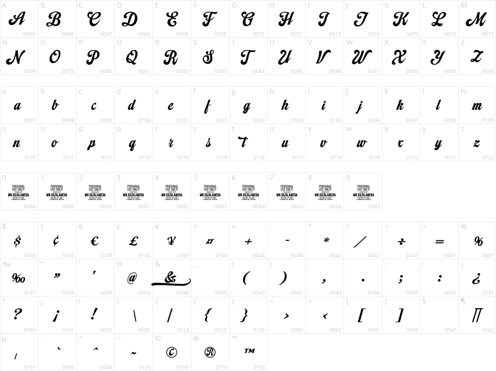 Alameda Script Character Map