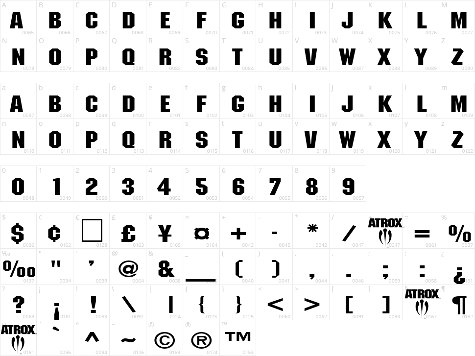 Atrox Character Map