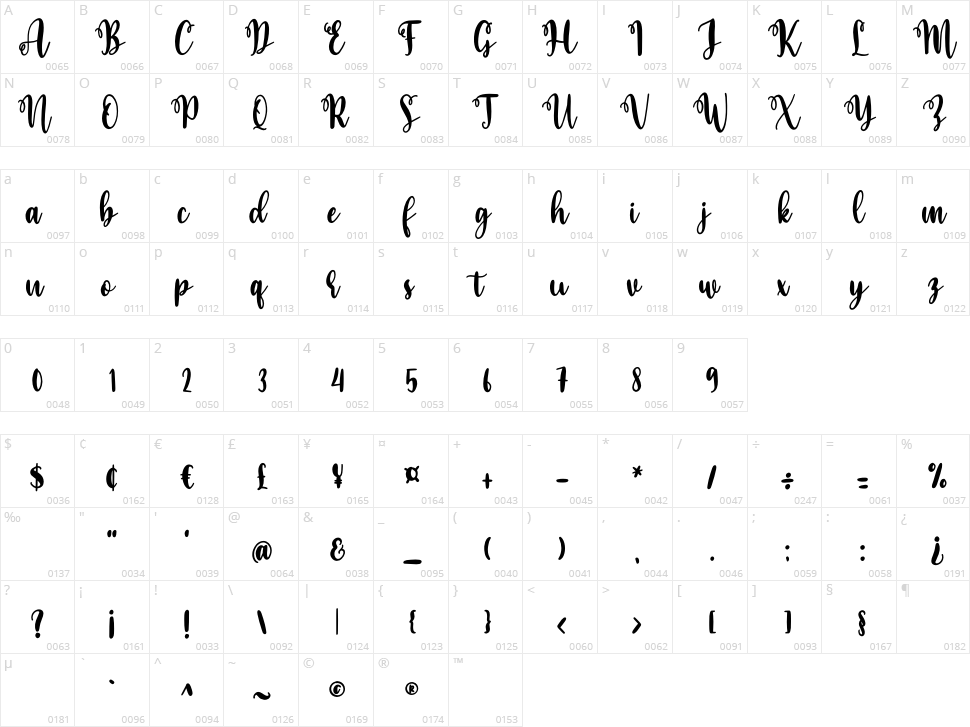 Baby Caroline Script Character Map