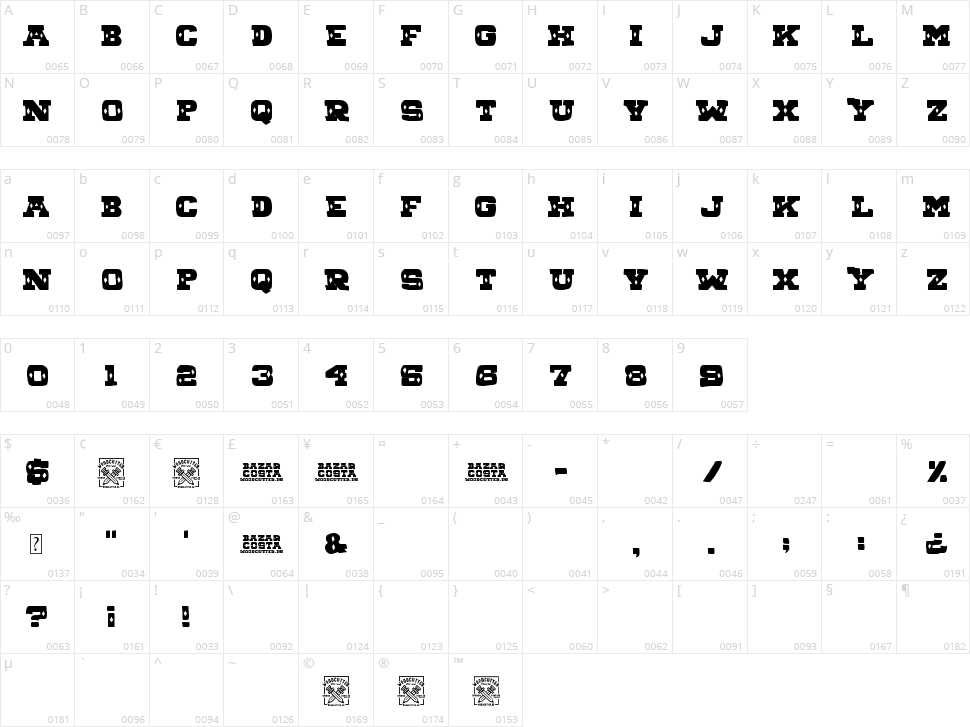 Bazar Costa Character Map