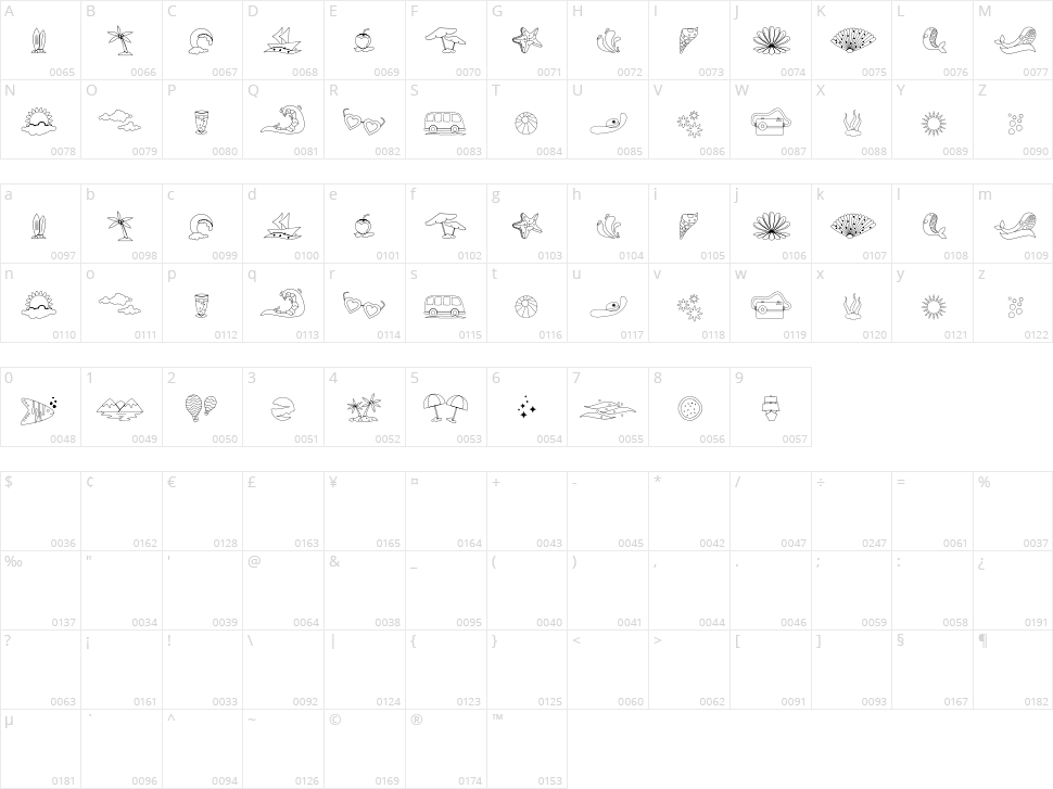 Beach Dingbats Character Map