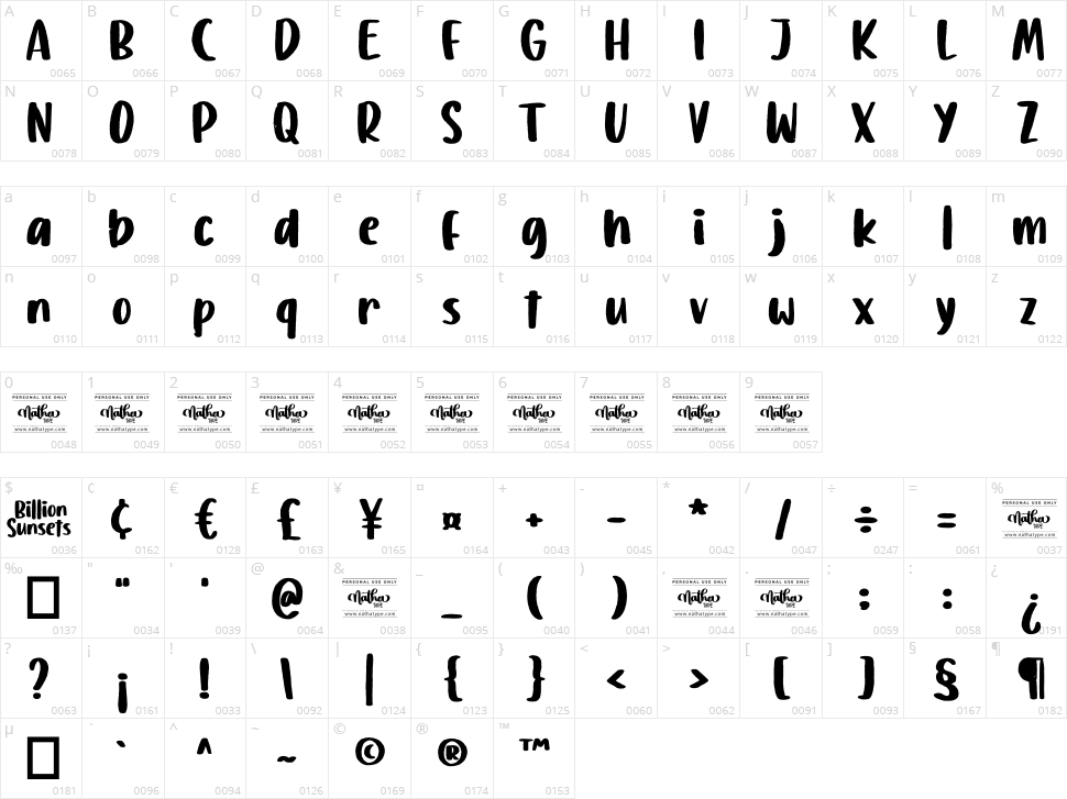 Billion Sunsets Character Map