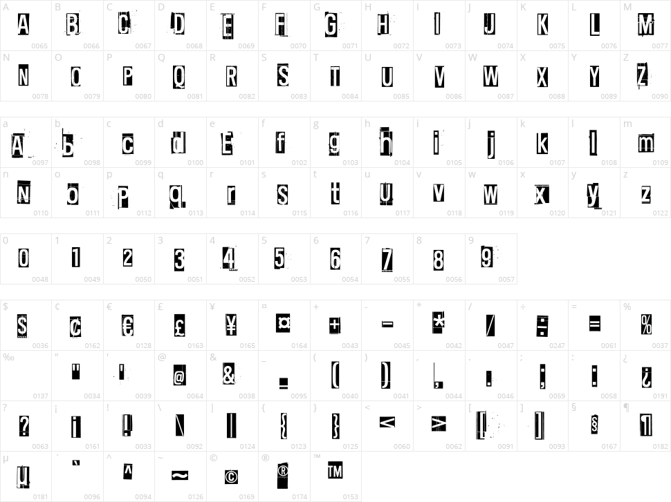 Black clouds, white sky Character Map