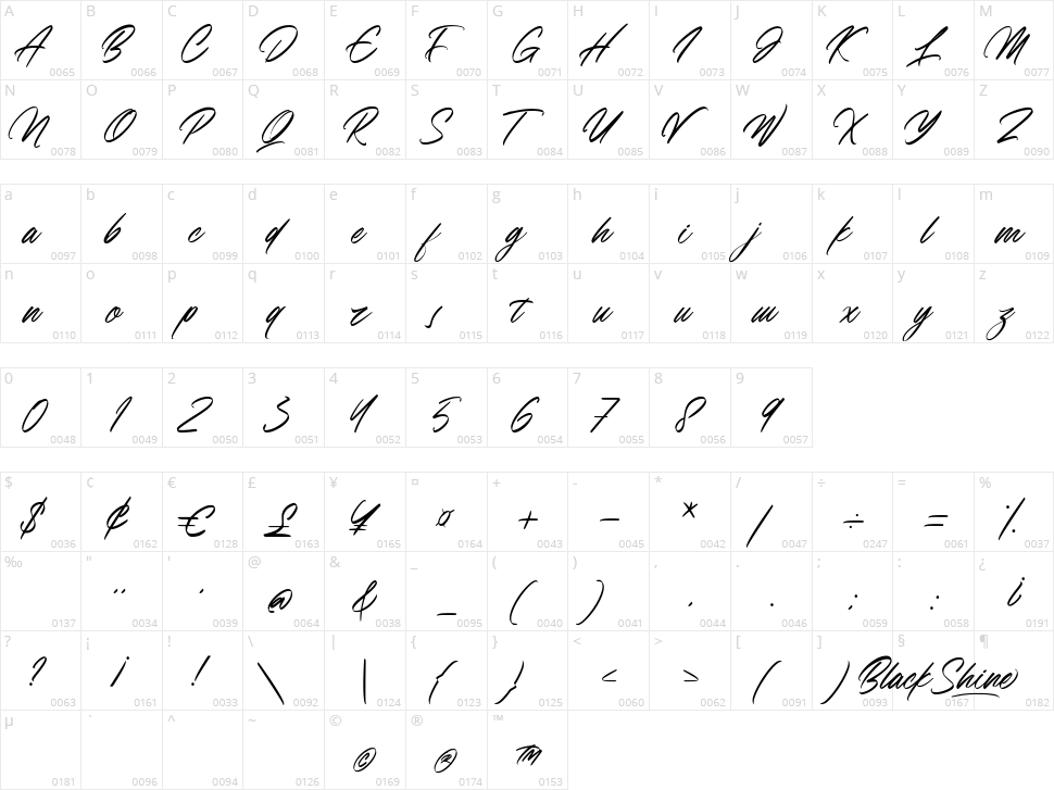 Black Shine Character Map