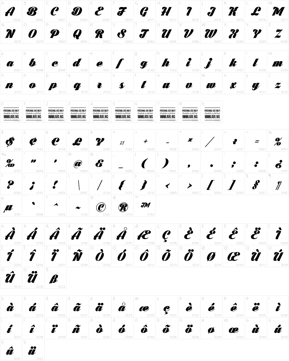 Black Larch Character Map