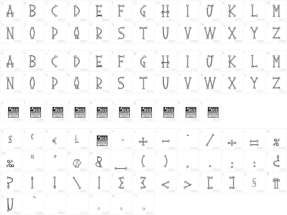 Bone Sticks Character Map
