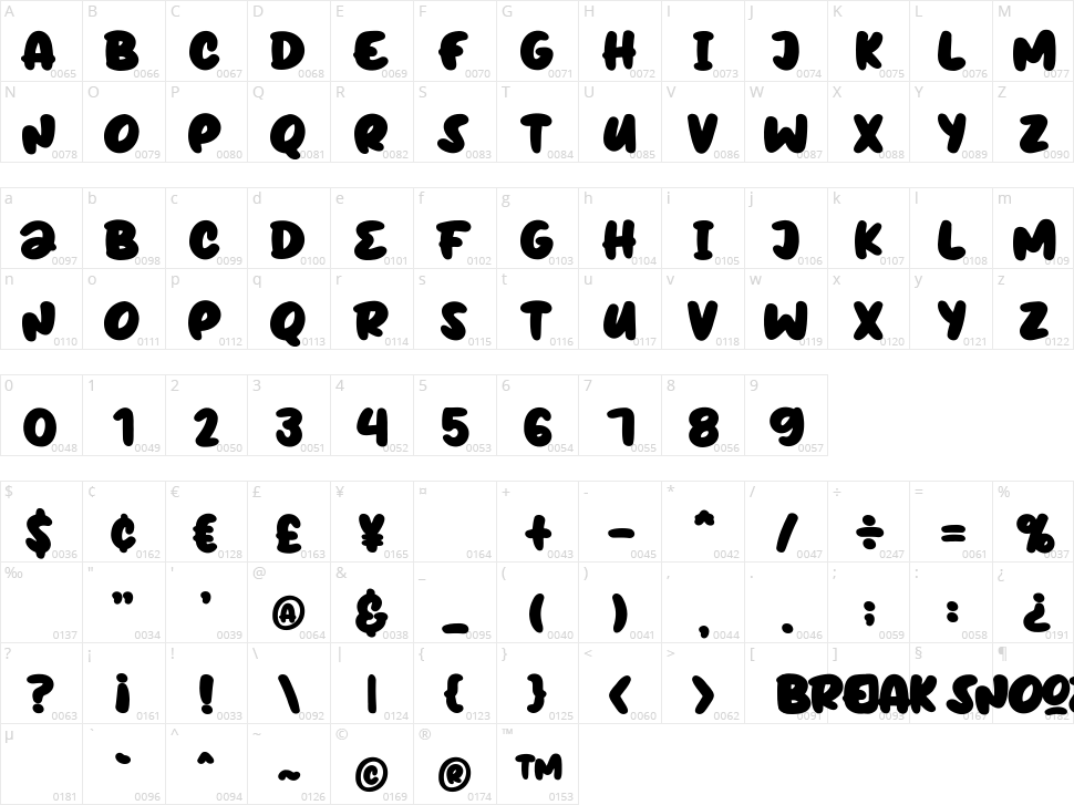 Break Snooze Character Map