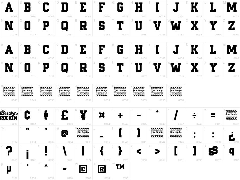 Breaker Rockin Display Character Map