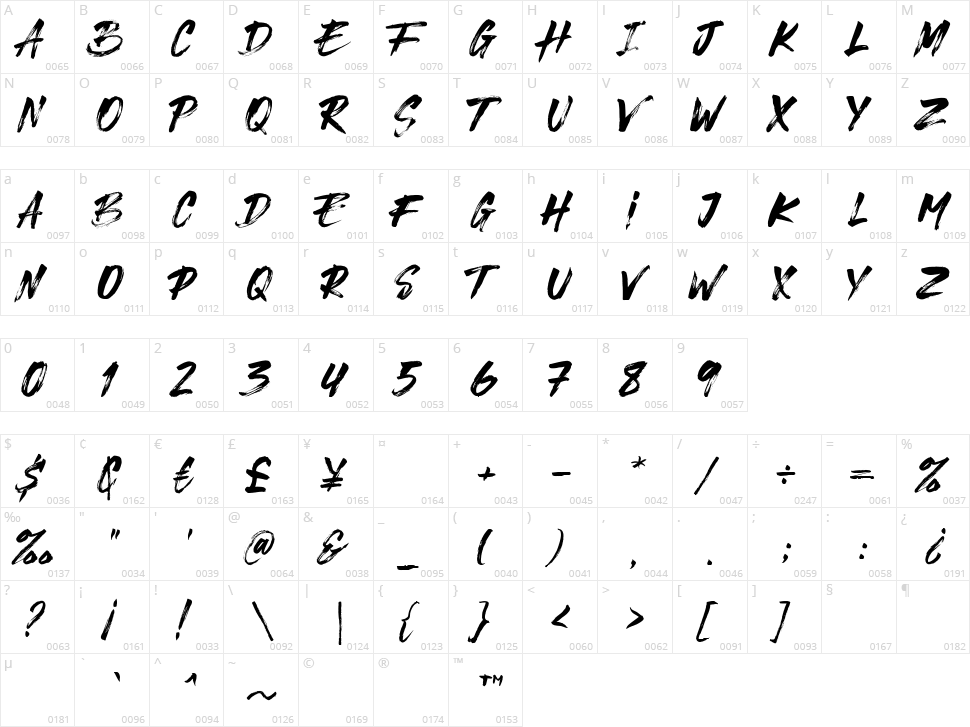 Bridgers Brush Character Map