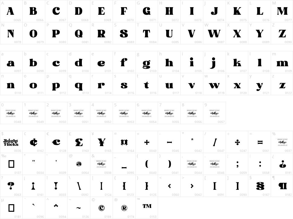Bright Flicks Character Map