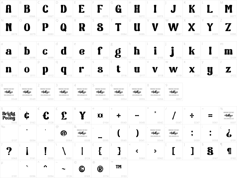 Bright Peony Character Map