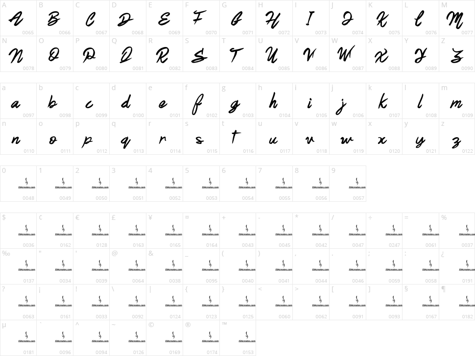 Brushy Script Character Map