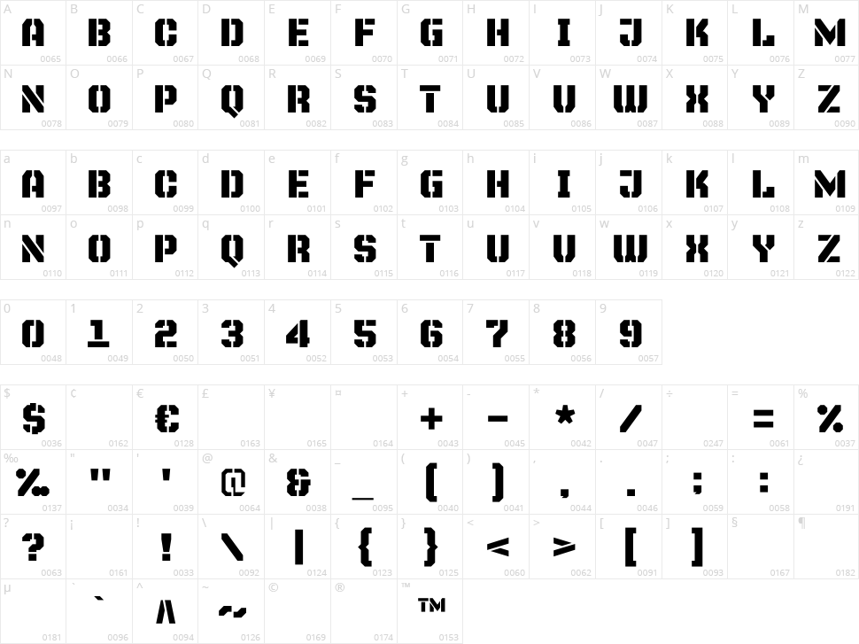 Bunker Stencil Character Map