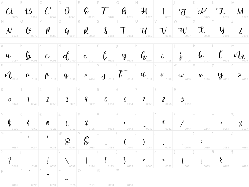 Camelia Glow Character Map