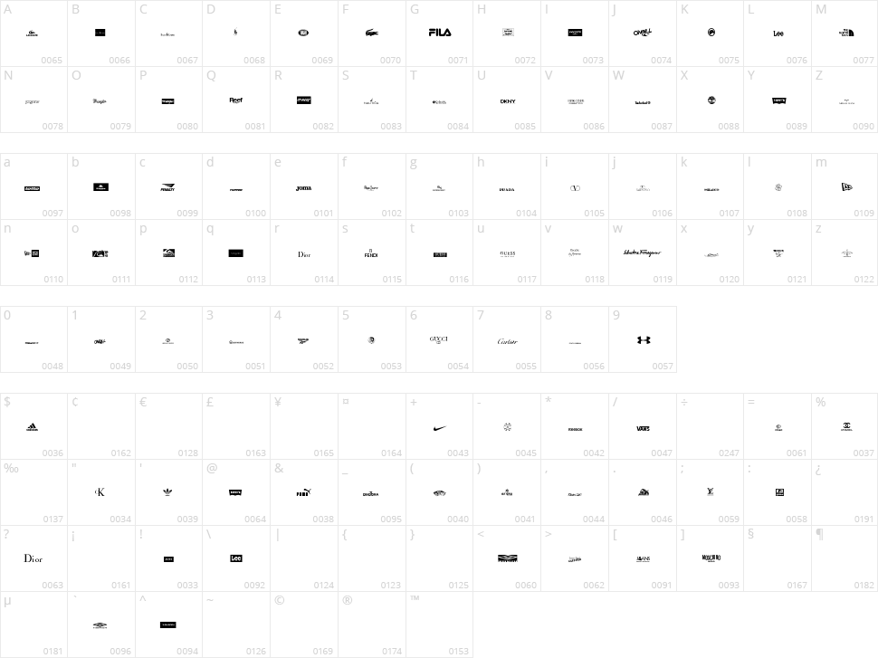 Clothing Logos TFB Character Map