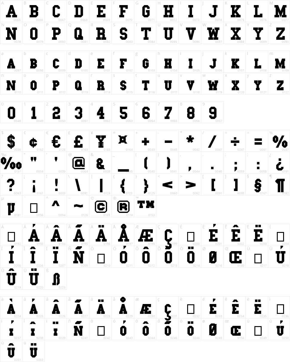 College Slab Character Map