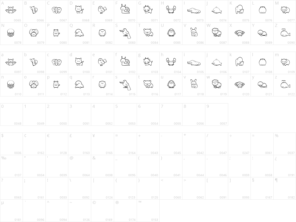 Cute Animals Dingbat Character Map