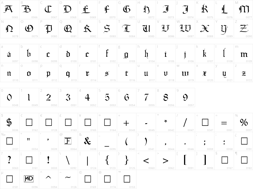 Diamond Gothic Character Map