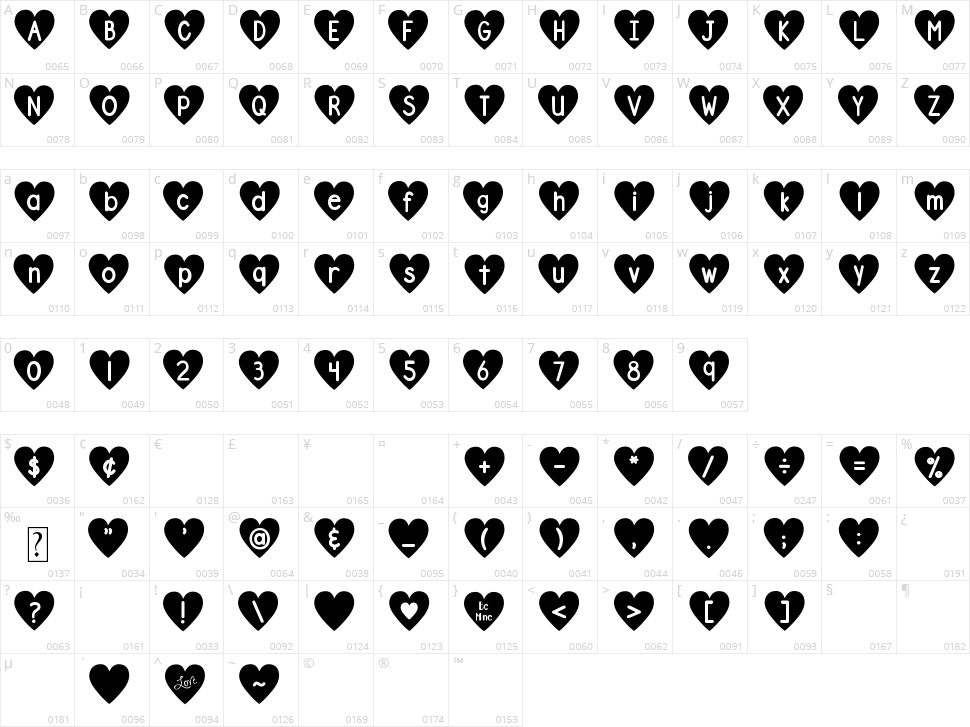 DJB Shape Up Hearts Character Map