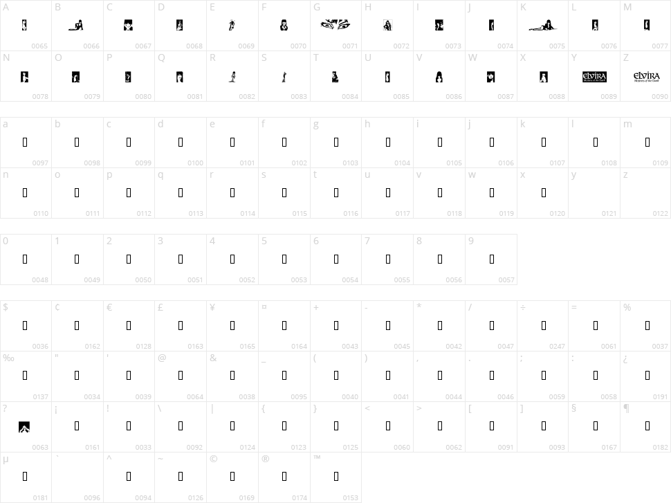 Elvira Dingbats Character Map