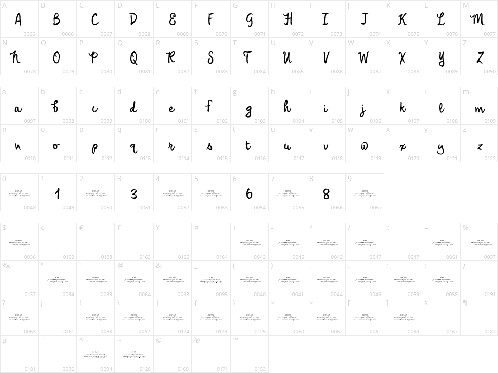 Emily Lime Brush Character Map