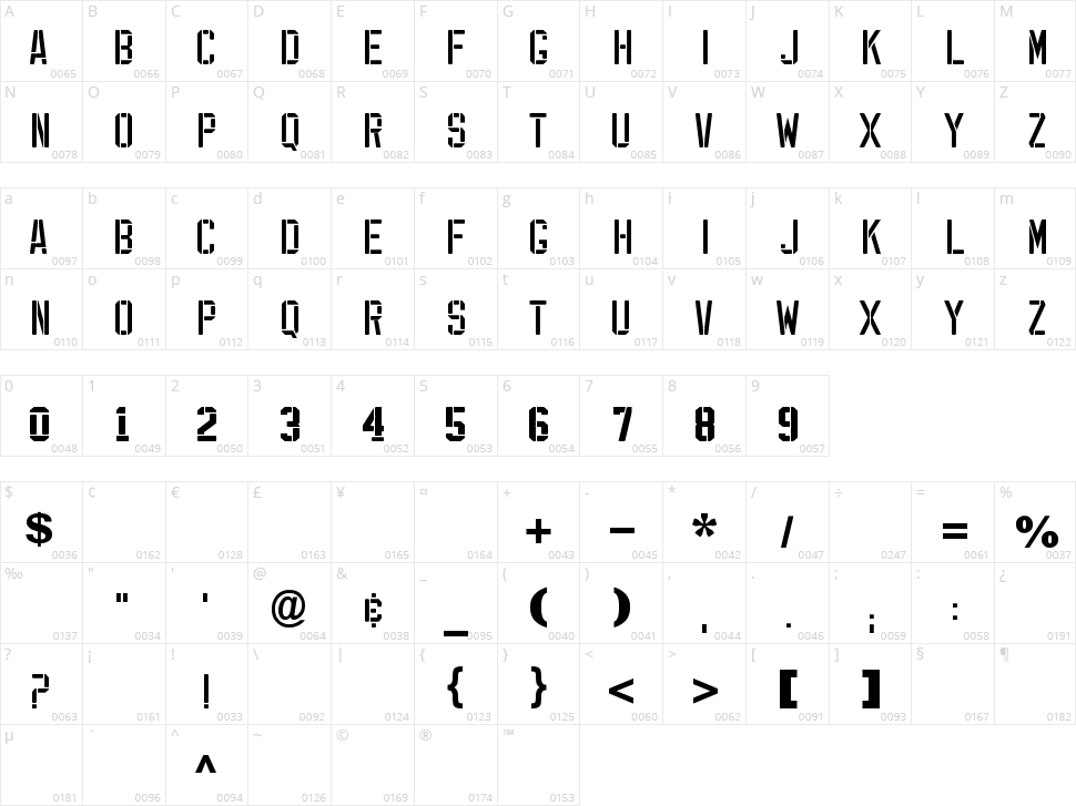 EXP Font Character Map