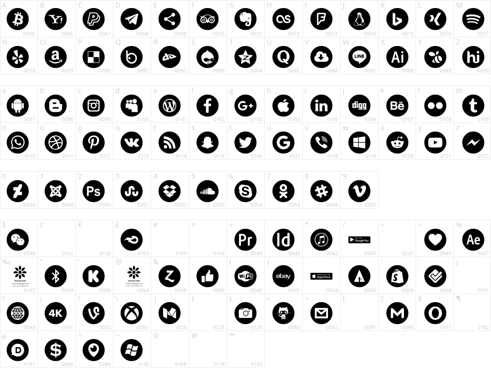 Font 100 Icons Character Map