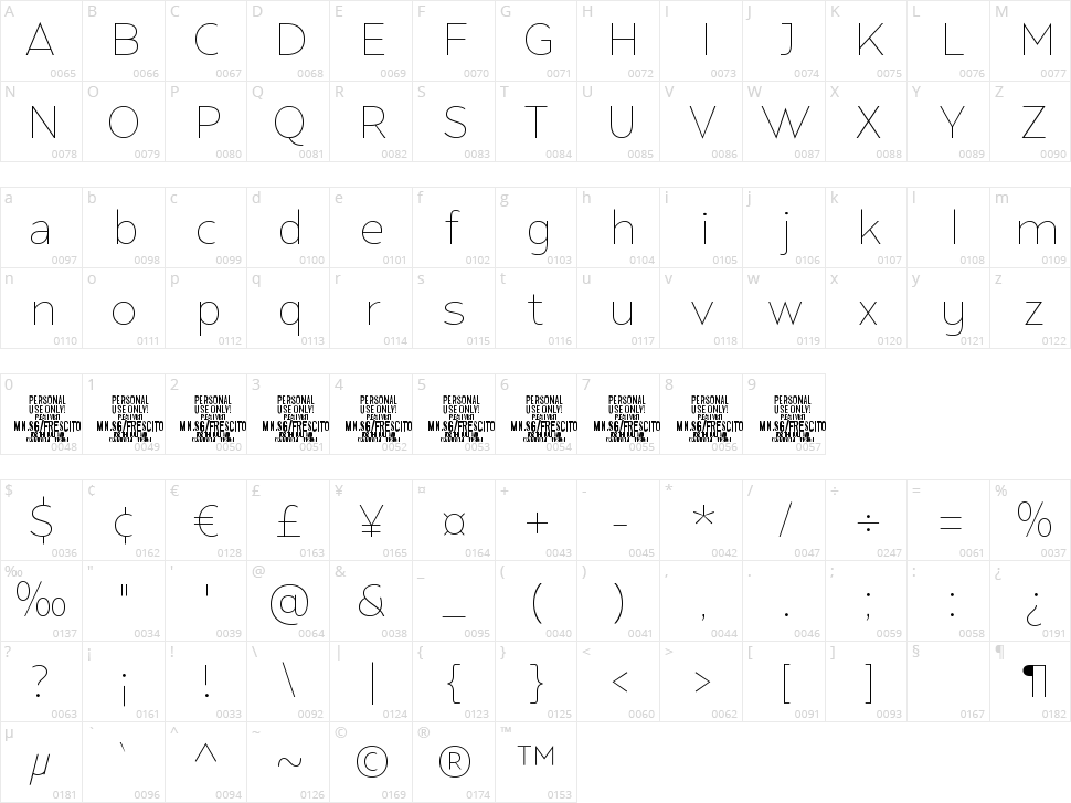 Frescito Character Map