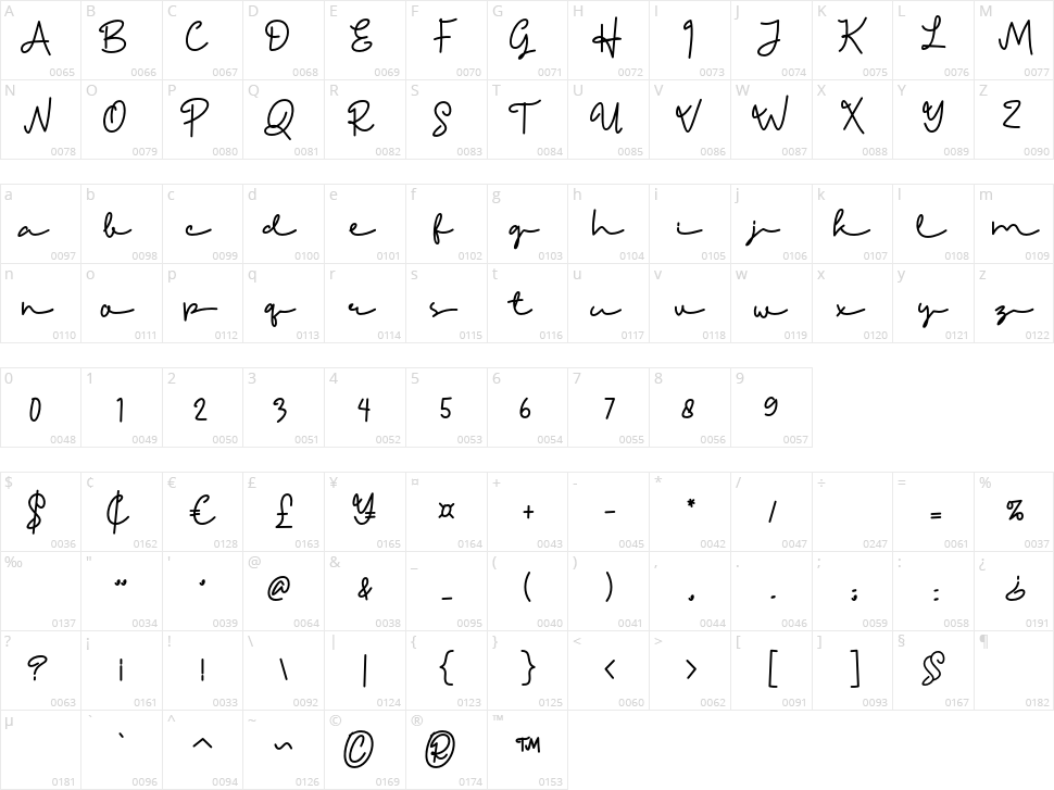 Friendly Sunday Script Character Map