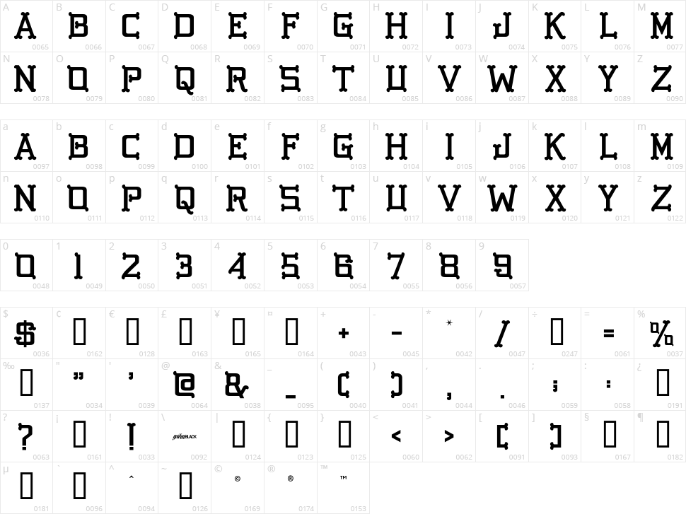 GB Golden Bones Character Map