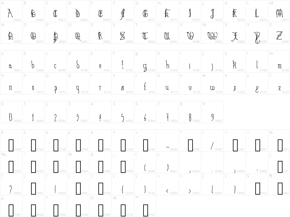 Hairline Quadrata Character Map