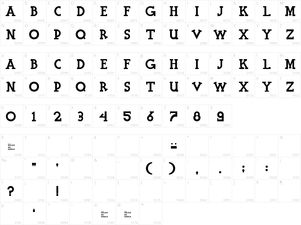 Halidians Blockserif Character Map