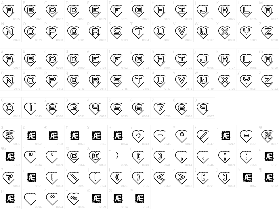 Hearts BRK Character Map