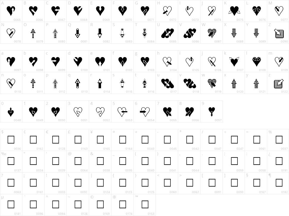 Hearts n Arrows Character Map