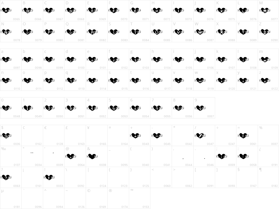 Heart Font Character Map
