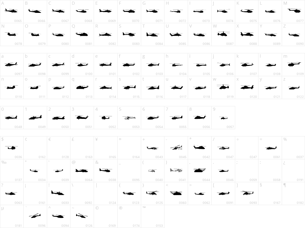 Hello Copters Character Map