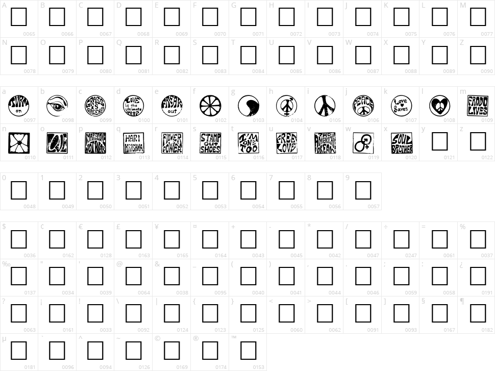 Hippy Stamps Character Map