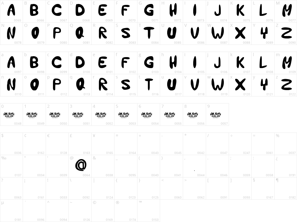 Holiday Earlier Character Map