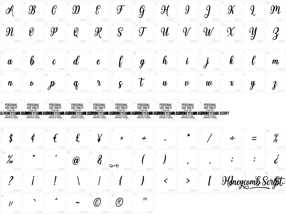 Honeycomb Script Character Map