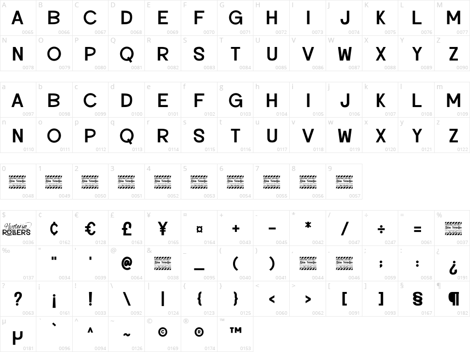 Hysteria Rollers Sans Serif Character Map