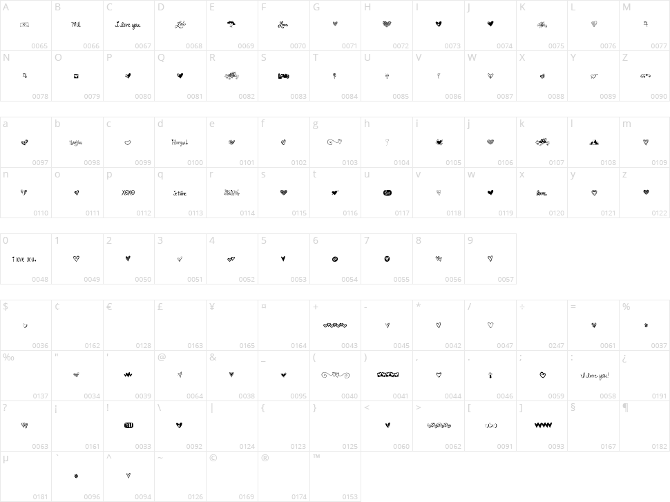 KG Heart Doodles Character Map