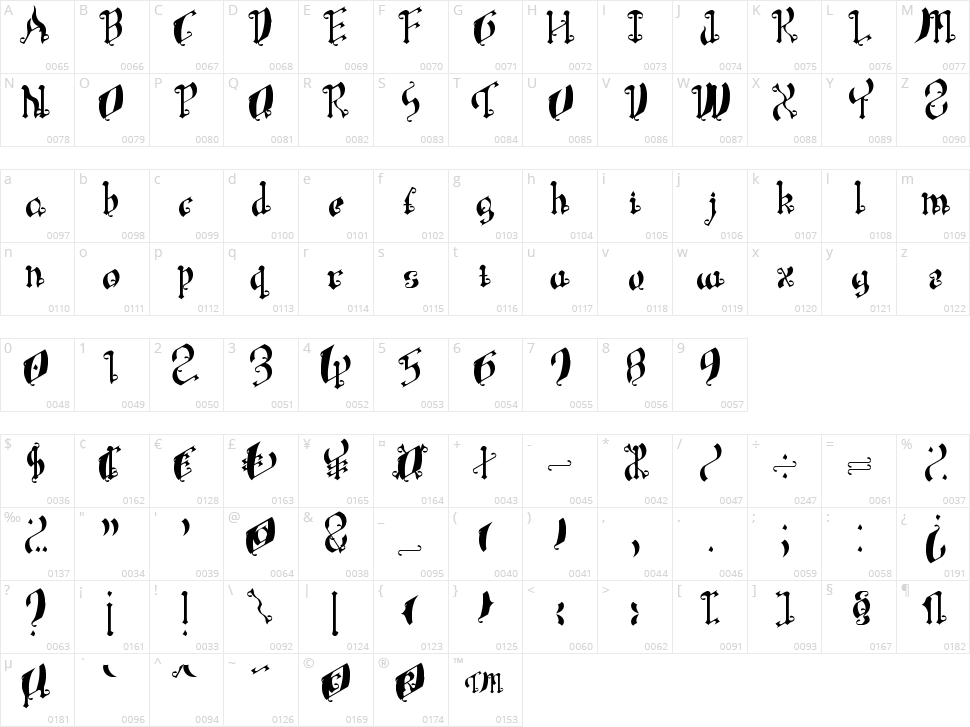 Leaning Simple Gothic Font Character Map