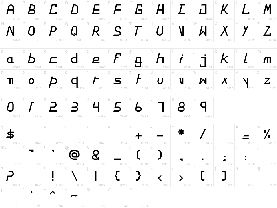 Left Slide Character Map