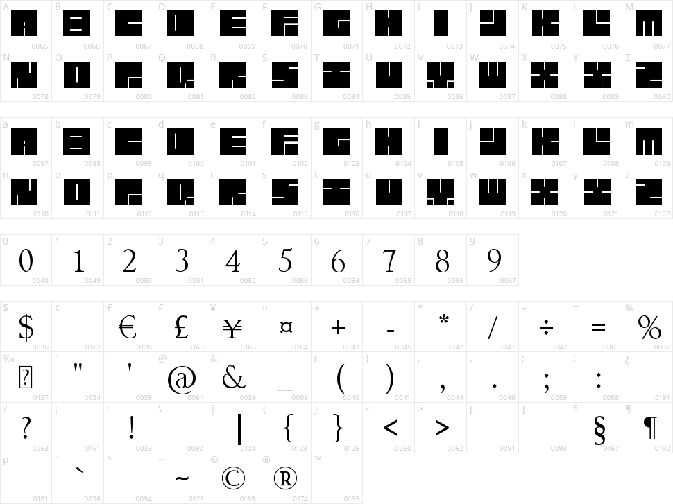 Lettres Carrées Character Map