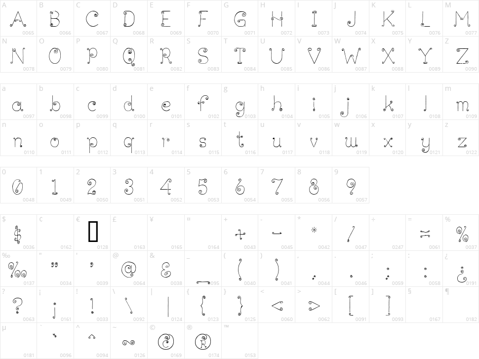 Lickcurl Petite Character Map