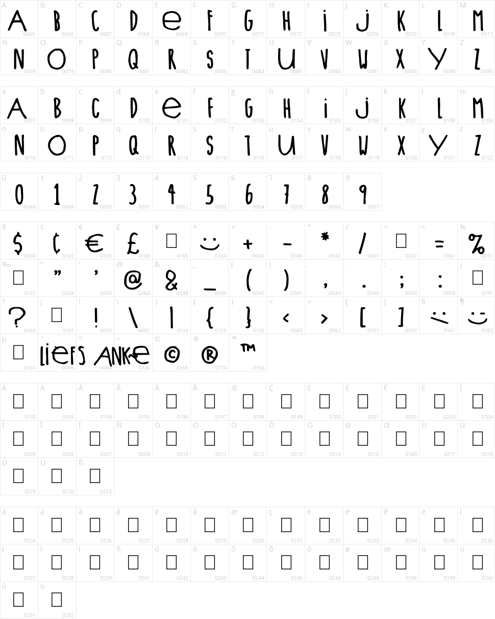 Lieve Letters Character Map
