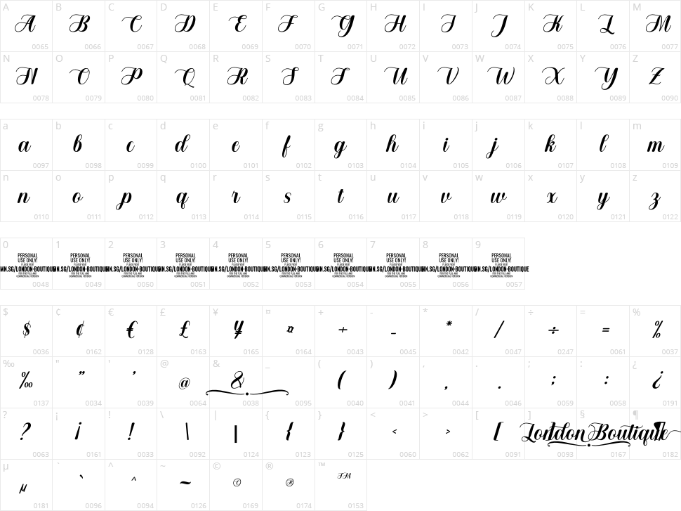 London Boutique Character Map