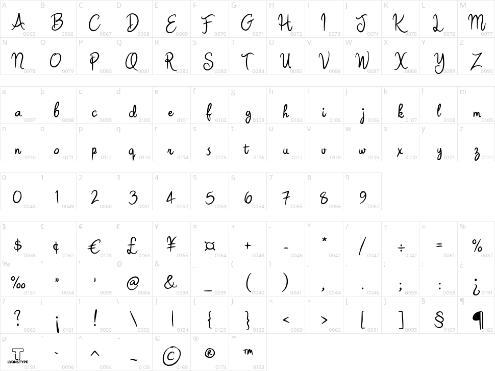 LT Sunrise Character Map